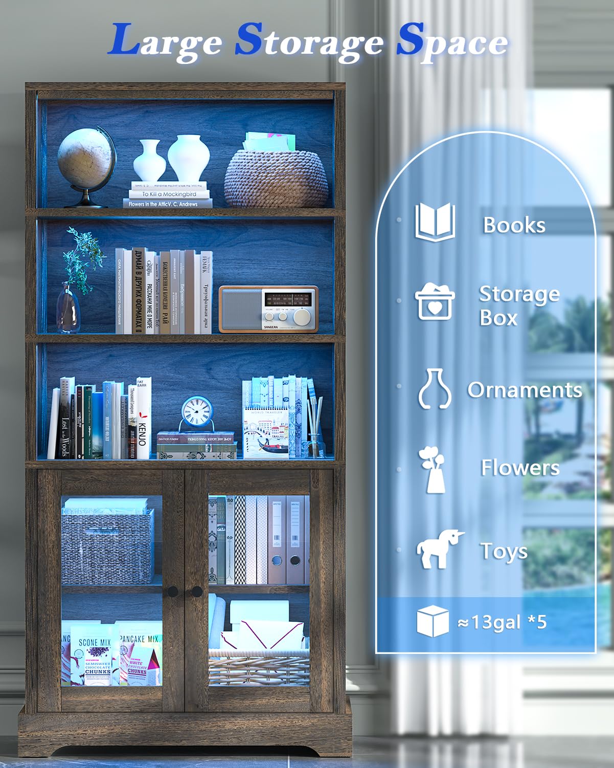 TVU 5-Tier Bookcase with Cabinet & LED, Wood 65 Inch Tall Bookshelf with Storage, Floor Standing Display Book Shelf for Living Room, Office, Study, Entryway (Rustic Brown) TVU