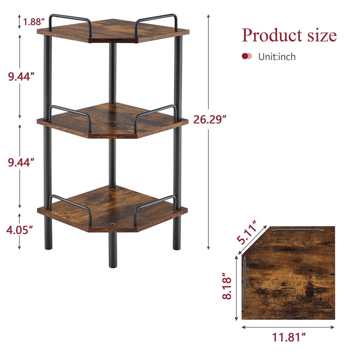 Tajsoon 3-Tier Industrial Corner Shelf Stand in Rustic Brown - Versatile Display Unit for Any Room Tajsoon