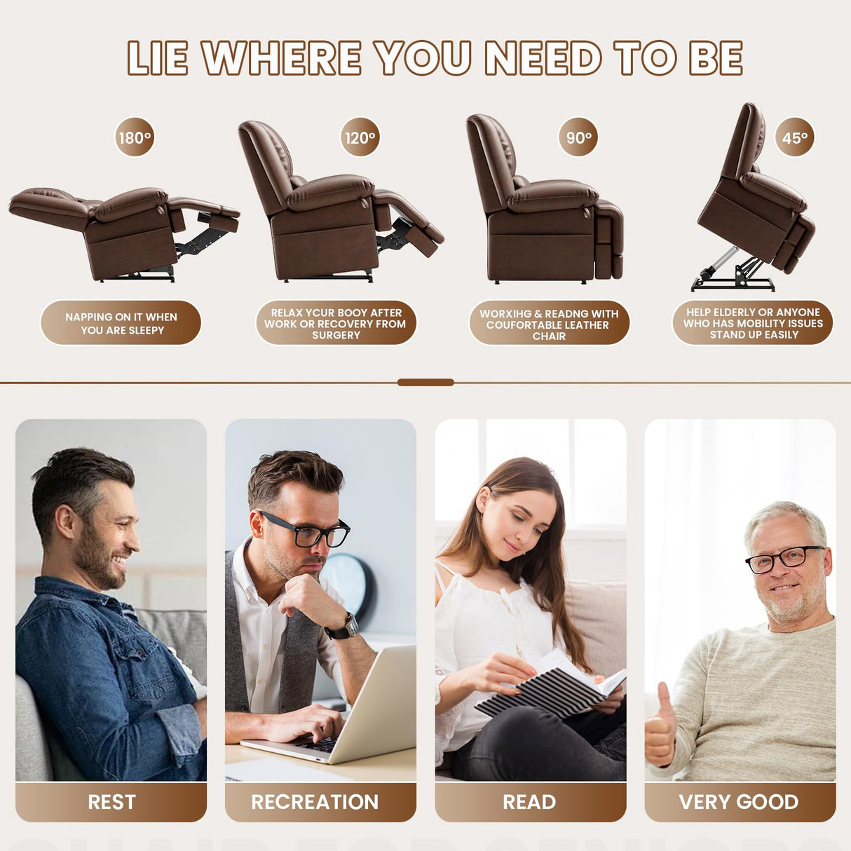 Couchus Infinite Position Dual Motor Power Lift Chair Lay Flat Sleeper Recliner Chair with Massage and Heating for Elderly, USB Ports and Remote Control,Breathable Leather (Red Brown) Couchus