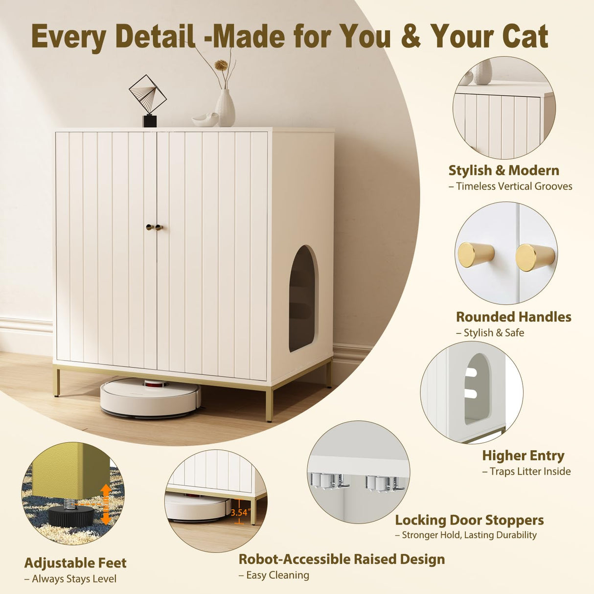 Convend Stylish Cat Litter Box Enclosure, Modern Hidden Litter Box Furniture with Tall Legs, Side Entrance, and Dual Use as End Table for Living Room or Bedroom (White & Gold) Convend