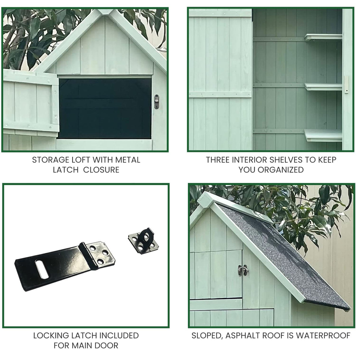 Hanover Outdoor Storage Shed with Shelves and Lock, 8.7 cu. ft. Capacity, Vertical Wood Shed for Tools, Equipment, and Garden Supplies, Modern Fir Wood Shed in Mint with Waterproof Roof and Floor Hanover