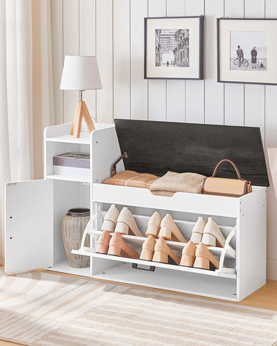 CHOEZON Shoe Storage Bench, Shoe Cabinet with Flip Drawer, 39.4'' Shoe Bench, Farmhouse Entryway Bench, Storage Bench with Side Cabinet and Lift-Off Storage Box, White Charcoal Black MHX01WC