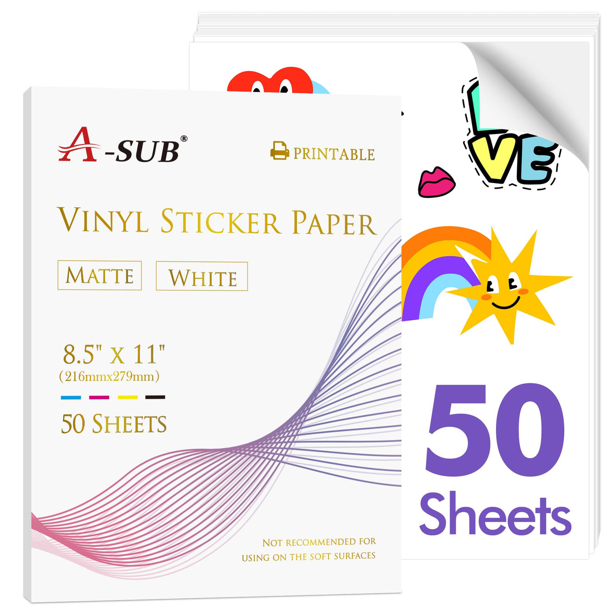 A-SUB Premium Printable Vinyl Sticker Paper for Inkjet Printers, 50 Sheets Matte White Waterproof Sticker Paper 8.5x11 Inch for Making Your Own Stickers at Home A-SUB
