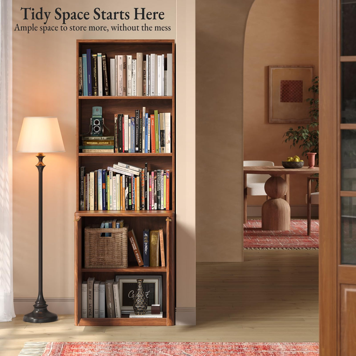 Hootata 71" Walnut Bookcase with Doors, 5 Tier Fluted Tall Bookshelf with Storage, Librero with Cabinet for Home Office, Living Room,or Bedroom Hootata