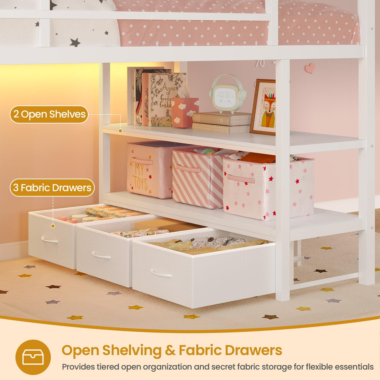 ADORNEVE Low Loft Bed Twin Size with 5 Storage Drawers, Twin Loft Bed with Bookcase & LED Lights, Open Storage Shelves, Metal House Bed with Safety Guardrail & Under-Bed Play Space for Kids, White ADORNEVE