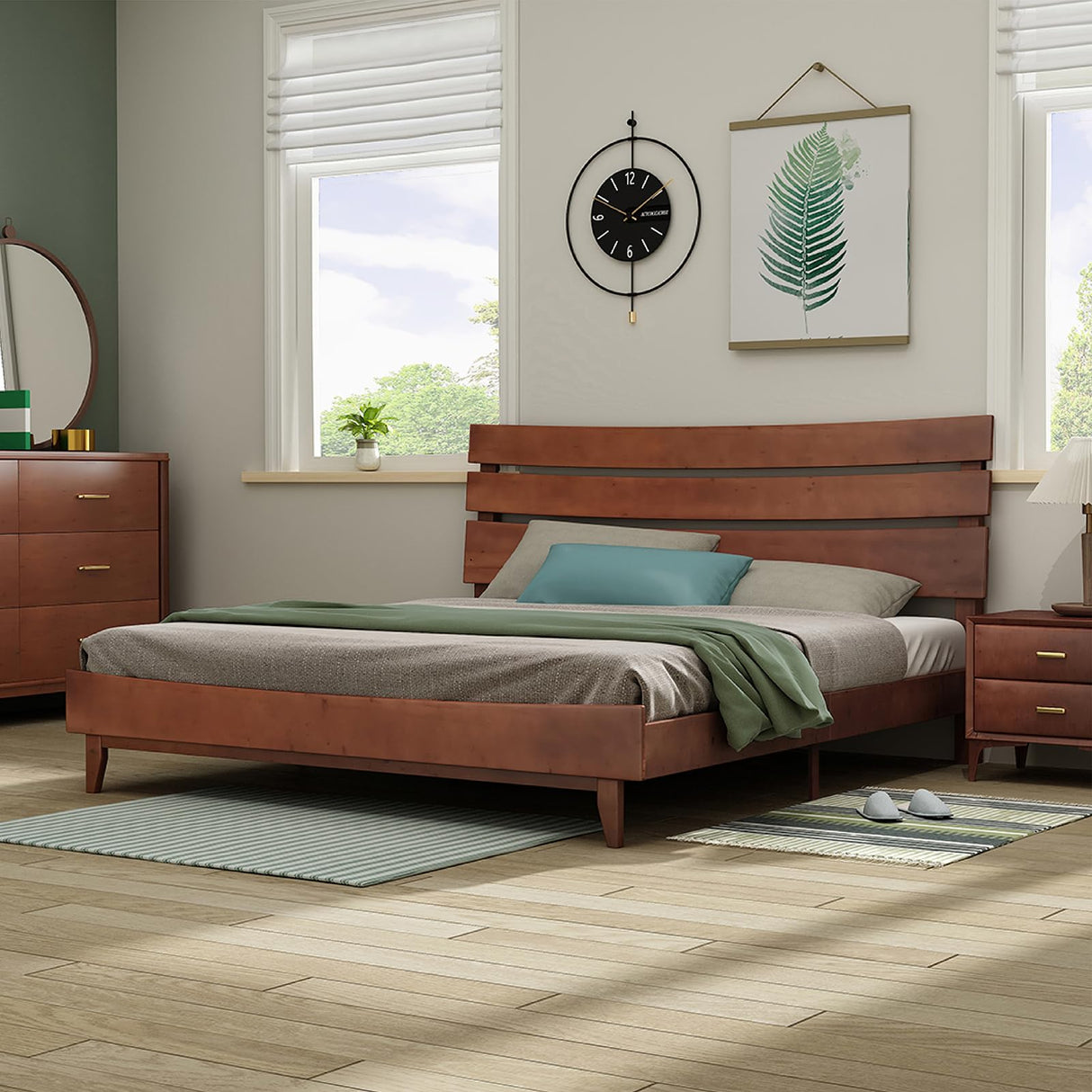 LUXOAK Mid-Century Solid Wood King Bed Frame with Headboard - No Box Spring Required LUXOAK
