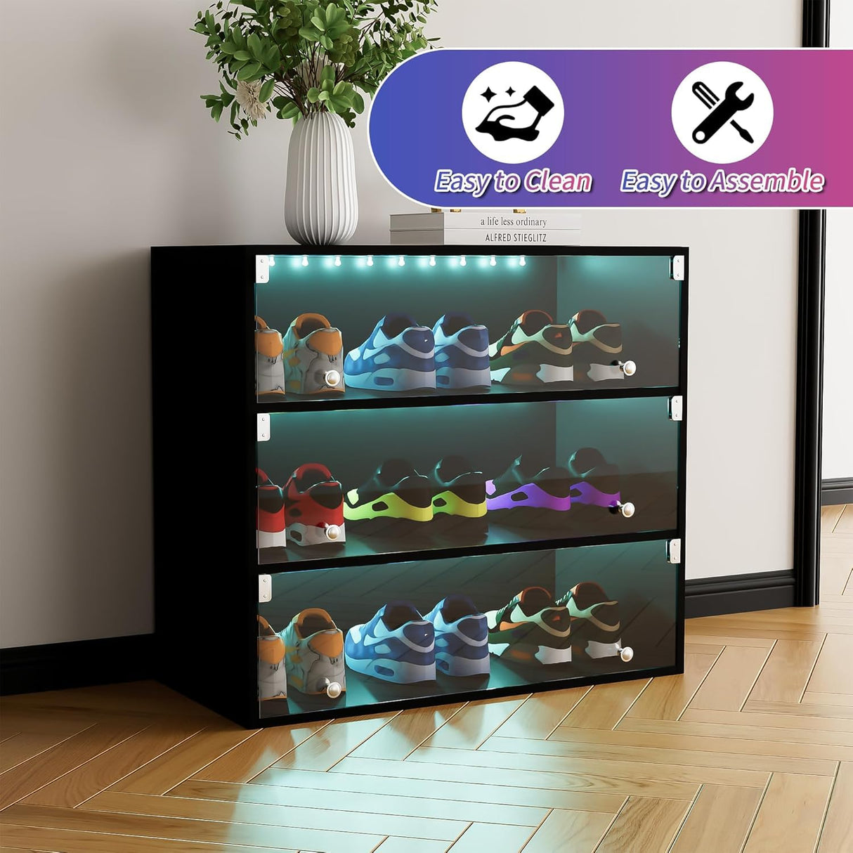 Banzeem LED Sneaker Storage with Sliding Glass Doors for Up to 9 Pairs of Shoes, Sneaker Case for Sneakerheads, Clear Shoe Boxes Stackable and Wooden Showing Shoe Rack for Space Saving, Black Banzeem