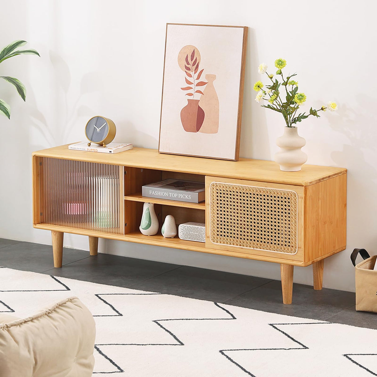 Tiita Rattan TV Stand for 55 Inch TV, Bamboo TV Cabinet with Adjustable Shelf and Storage, Boho Entertainment Center, Mid Century Modern Media Console for Bedroom, Living Room, Study (Natural) Tiita
