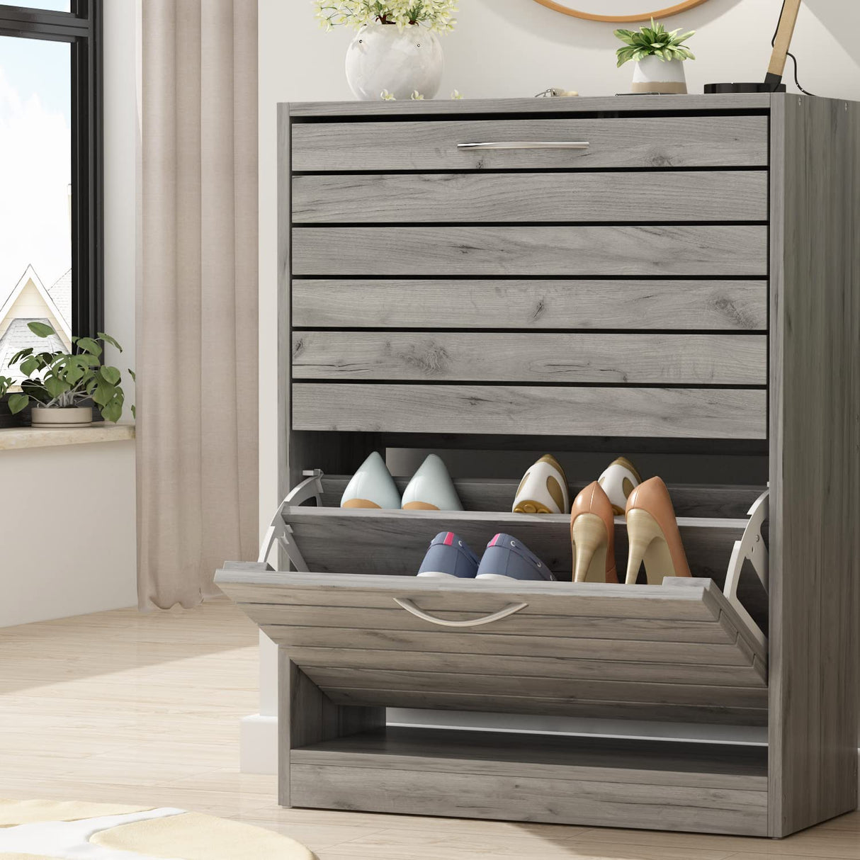 AIEGLE Shoe Storage Cabinet with 2 Flip Drawers for Entryway, Freestanding Shoe Rack Shoe Organiazer with Louver Drawers, Grey Wood (22.4" W x 9.4" D x 29.5" H) AIEGLE