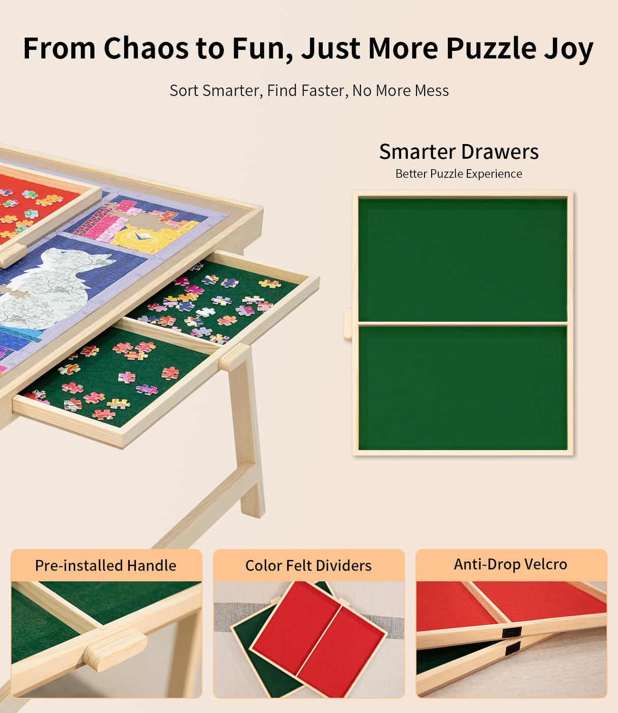 Foldable Puzzle Table with Legs, 34"x 26" Wooden Puzzle Board with Drawers & Covers, Portable Jigsaw Table for Adults, 1500 Pieces Folding Puzzle Board for Jisgaw Puzzle, Birthday Gifts for Mom JOIN&JOY