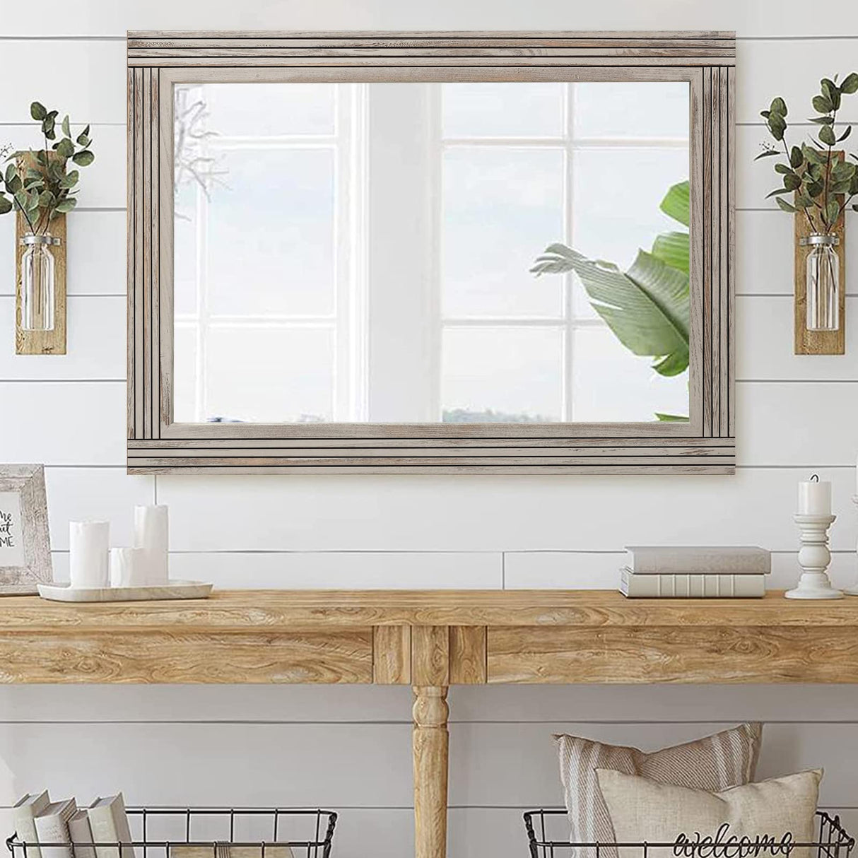 YOSHOOT Hand-Made Wooden Spliced Wall Mirror for Bathroom, Rustic Farmhouse Vanity Mirror, Décor Wall Art, Solid Wood Frame, Vertical or Horizontal Hanging YOSHOOT