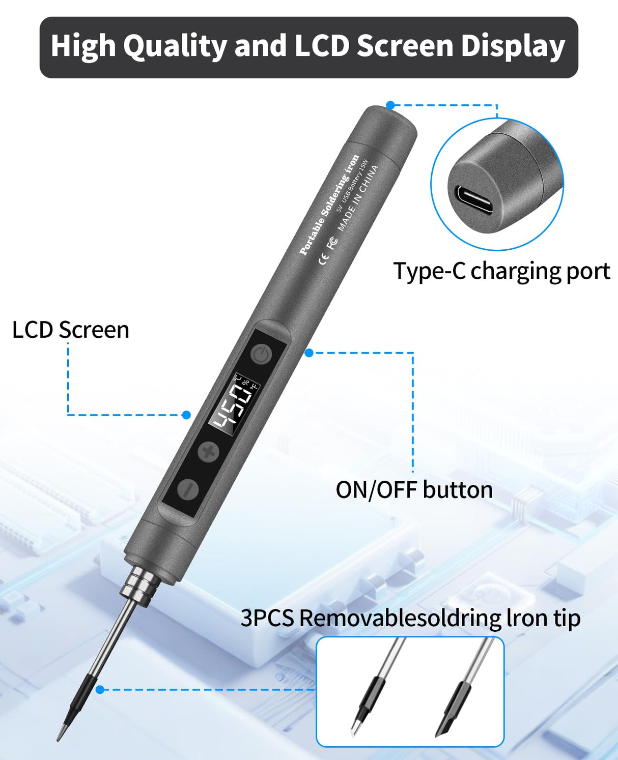 Cordless Soldering Iron Kit, Portable Cordless Soldering Iron, LCD Digital Adjustable Temperature Thermostatic Soldering Gun for Home Appliance Repair, USB Rechargeable - Grey Qyvorae