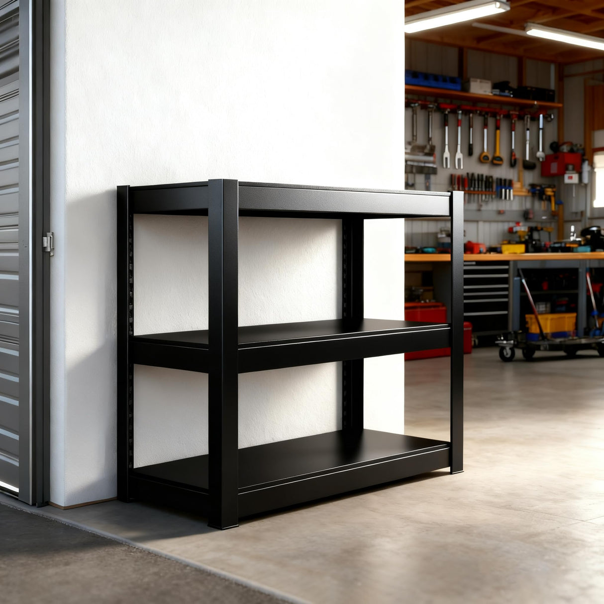 BESFUR 3-Tier Metal Shelving Unit, Adjustable Garage Shelves, Heavy Duty Garage Storage Shelving Unit for Warehouse Pantry Closet Kitchen, 15.8"*35.5"*35.5", Black BESFUR