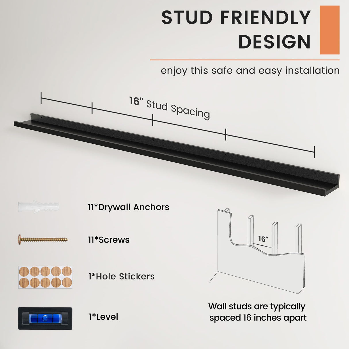 Picture Ledge Shelf, Floating Shelves Set of 2, 72 Inches Long Large Nursery Book Shelves for Toys Storage, Kids Bookshelf Wall Mounted for Living Room Bedroom Decor Books Photo Frames, Black FLYJOE