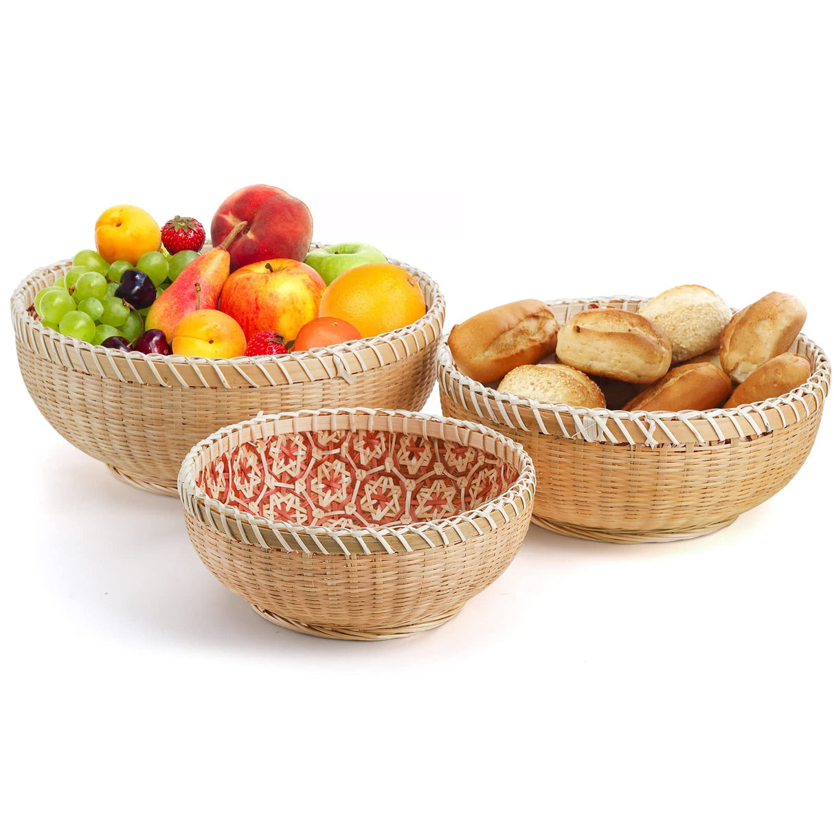 Elsjoy Set of 3 Wicker Woven Storage Basket, Bamboo Bread Basket Round Rattan Serving Basket Farmhouse Decor for Fruits, Vegetables, Potatoes, Stackable 9.6"/8"/7" Elsjoy
