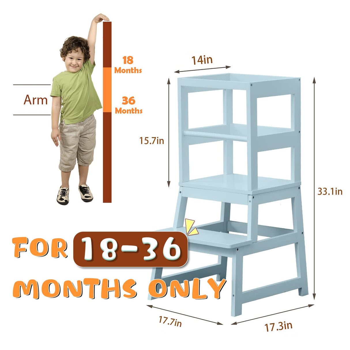 Kitchen Step Stool for Toddlers with Non-Slip Mat, WOOD CITY Wooden Kids Montessori Learning Stool Tower, Toddler Standing Tower Helper for Kitchen Counter and Bathroom Sink(Grey-Blue) WOOD CITY
