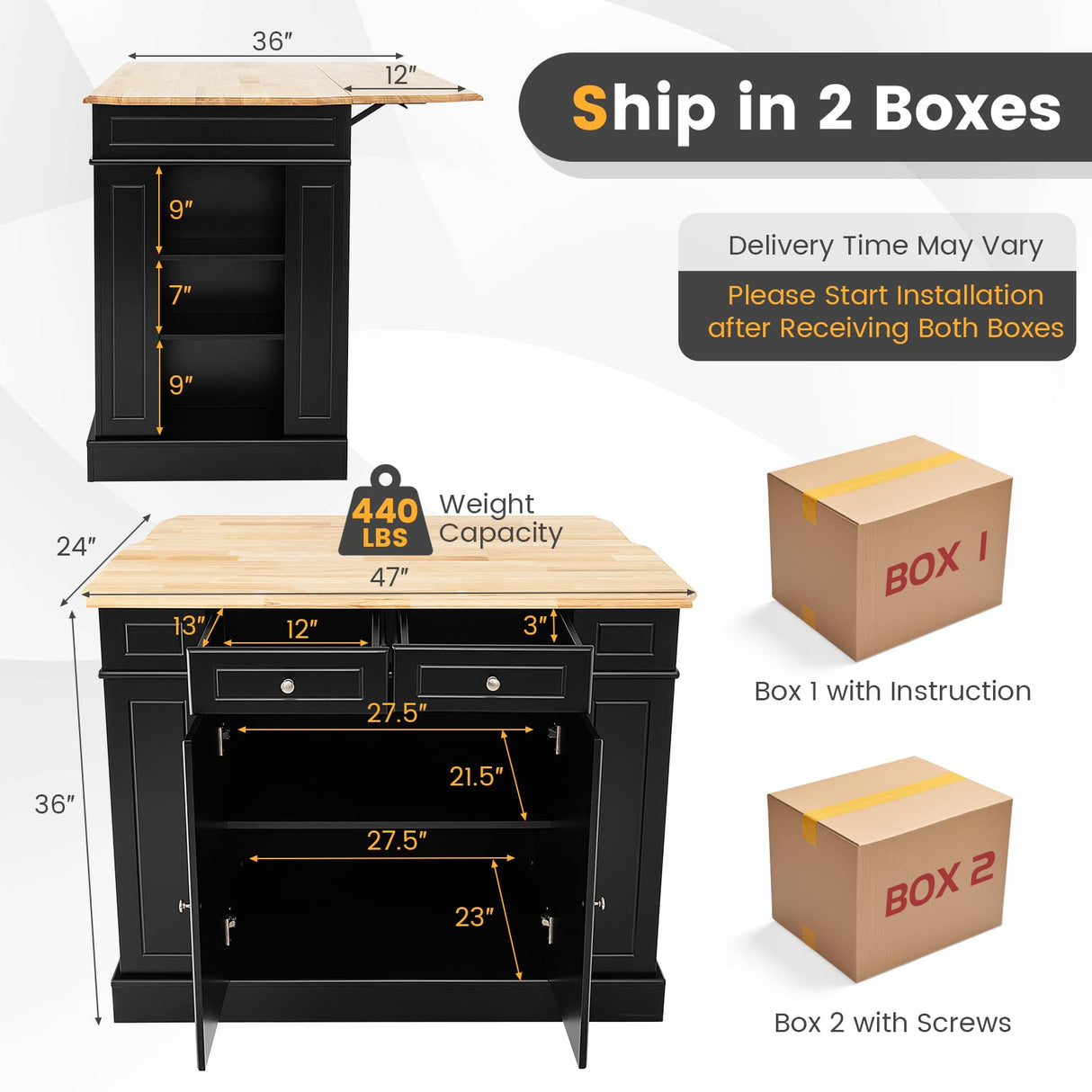 Giantex Kitchen Island with Drop Leaf, Rubber Wood Top, 2 Drawers, Storage Cabinets, Spice Racks, Adjustable Shelves, Stationary Kitchen Table for Home Coffee Bar, 47"x36"x36" (Black) Giantex