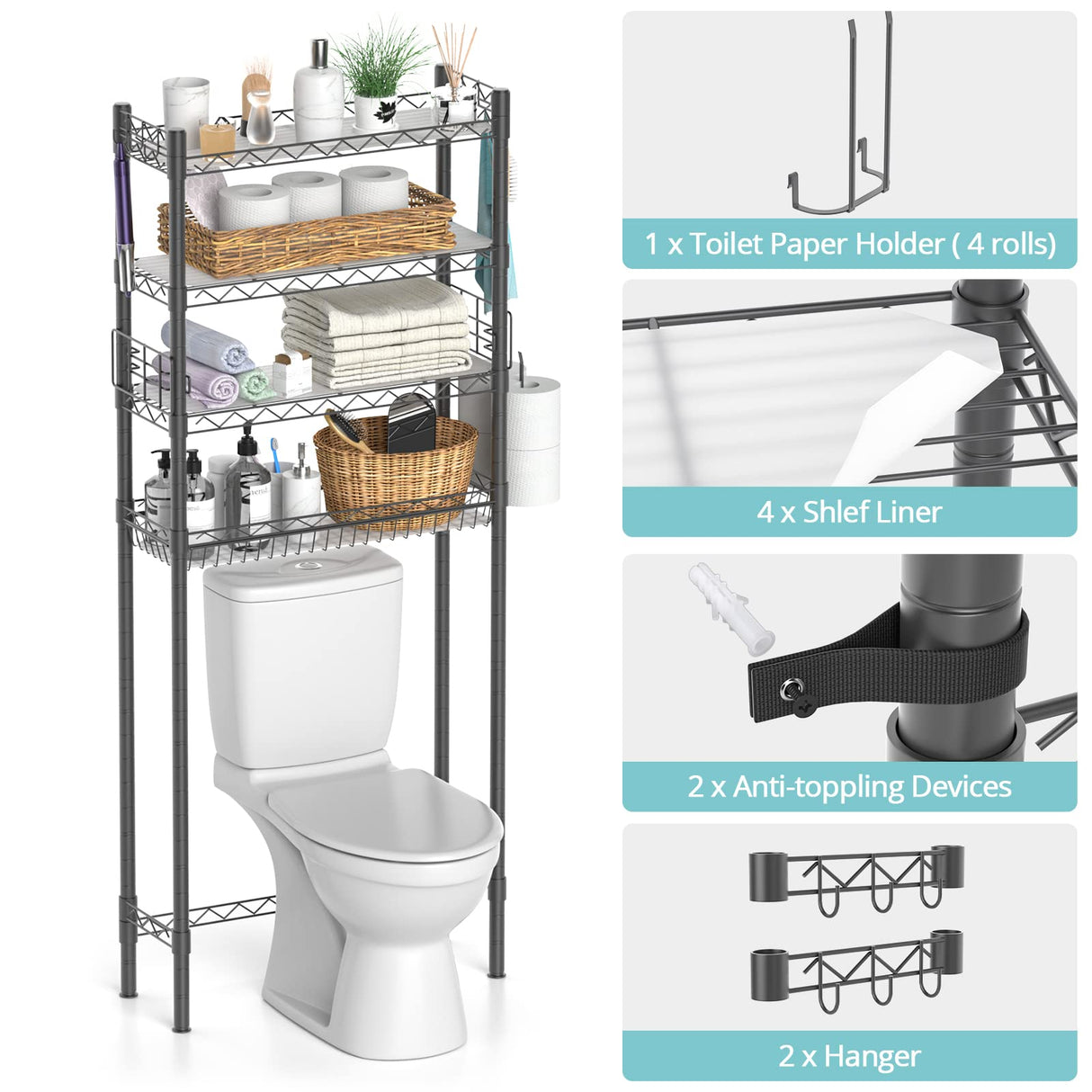 Hodonas 4-Tier Toilet Shelf Storage, Bathroom Organizer Shelves Over Toilet Storage, Above Toilet Tack Free Standing Bathroom Space Saver with Adjustable Basket and Shelves, Gray Hodonas
