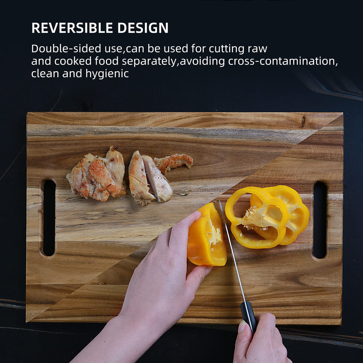 YSTKC Acacia Wood Cutting Board with Hand Grip 15" x 9.7" Inch, Wooden Reversible Chopping Board with Handle for Kitchen Meal Prep Serving, Chopping, YSTKC