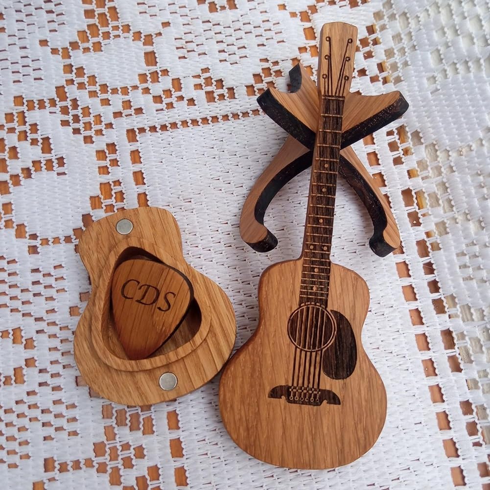lagine Wooden Acoustic Guitar Pick Box with Stand, Personalized Guitar Box for Pick, Engraved Guitar Picks Box, Wood-carved Guitar Pick Stand for Guitar Picks Storage, for Guitarist Musician lagine
