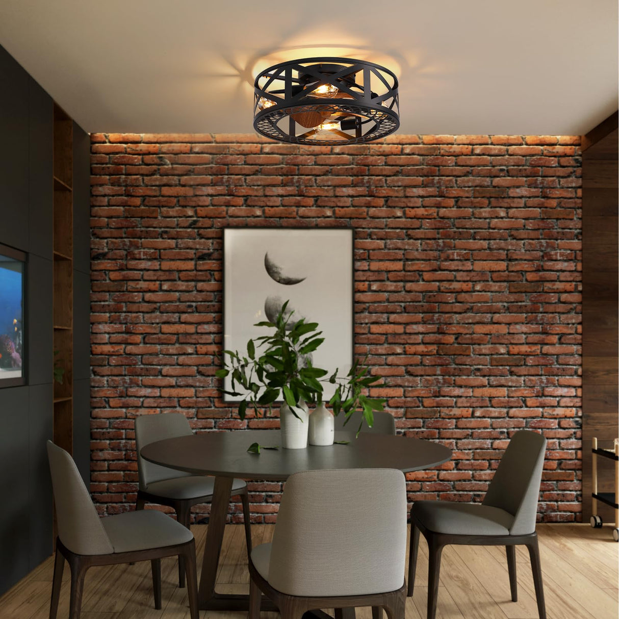 MOOONICHE 20" Caged Ceiling Fans with Lights, Modern Dimmable Flush Mount Ceiling Fan with Lights Remote, Black Low Profile Ceiling Fan for Bedroom, Kitchen,6 Speed Reversible MOOONICHE