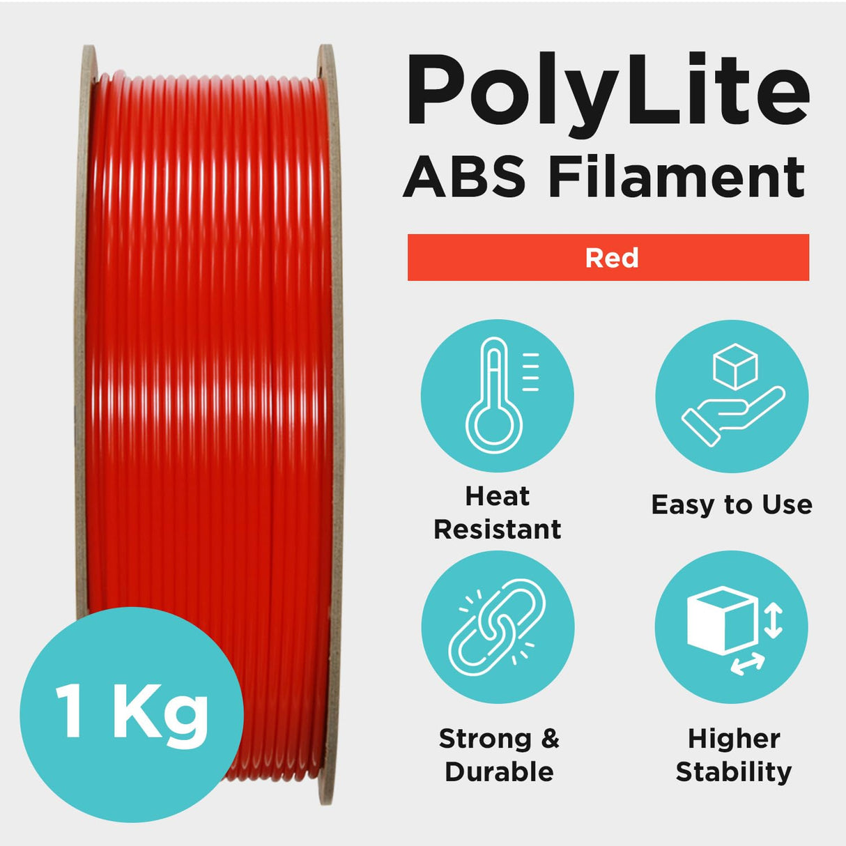 Polymaker ABS Filament 1.75mm Red, ABS 3D Printer Filament 1.75mm Heat Resistant 1kg - PolyLite ABS 3D Printing Filament 1.75mm, Strong & Durable, Dimensional Accuracy +/- 0.03mm POLYMAKER