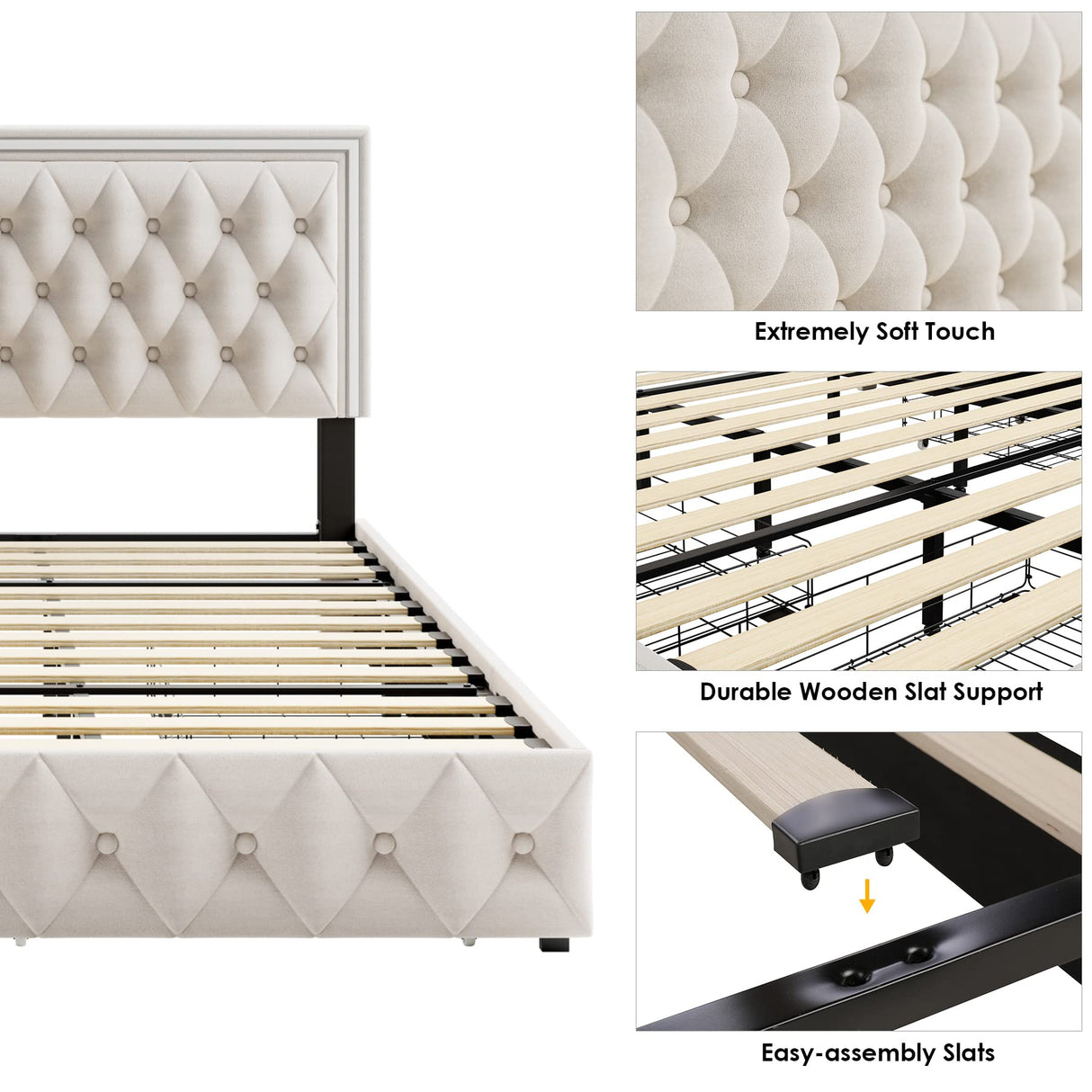 Keyluv King Upholstered LED Bed Frame with 4 Drawers, Velvet Platform Storage Bed with Adjustable Button Tufted Headboard and Solid Wooden Slats Support, No Box Spring Needed, Beige Keyluv