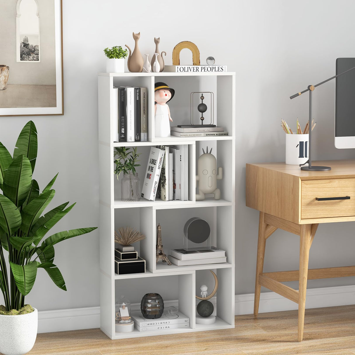 Tangkula 5 Tier Geometric Bookshelf, 48”H Freestanding 8-Cube Open Bookcase, Wooden Storage Display Shelf, 2 Anti-Toppling Devices, 8 Cubes Home Office Decor Room Divider for Living Room (1, White) Tangkula
