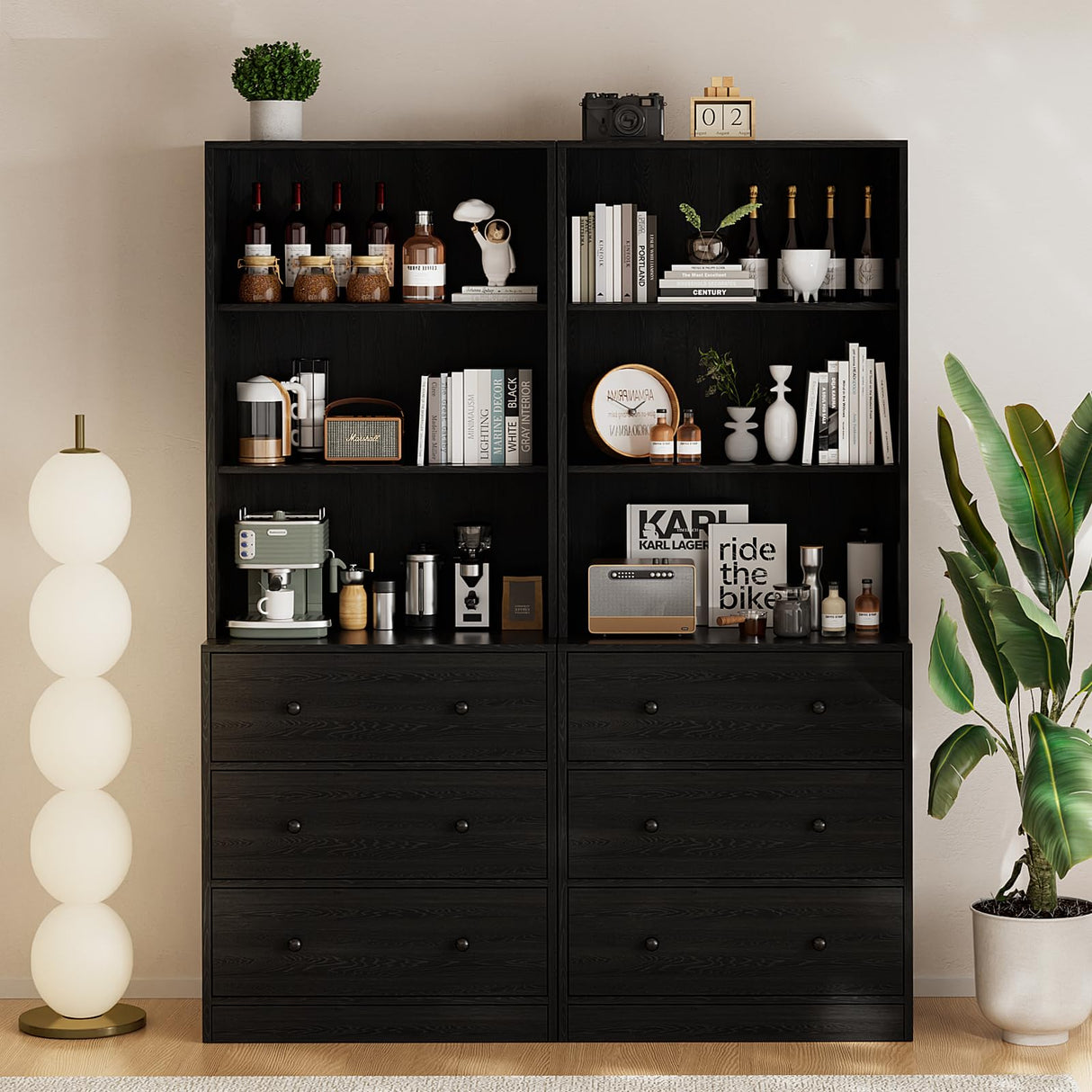 TUSY 4-Piece Large TV Stand with Bookshelves for TVs up to 75", TV Entertainment Center Media Center with Tempered Glass Doors and Shelves, TV Hutch for Living Room White (Black) TUSY