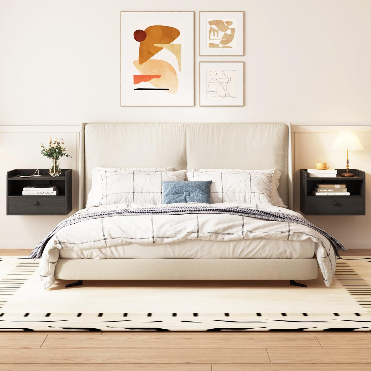 Black Floating Nightstand Set of 2 with Charging Station and Storage Drawer Wall Mounted Bedside End Table Wood Modern Night Stand for Bedroom Nightstands Set 2 Black HOSEOKA