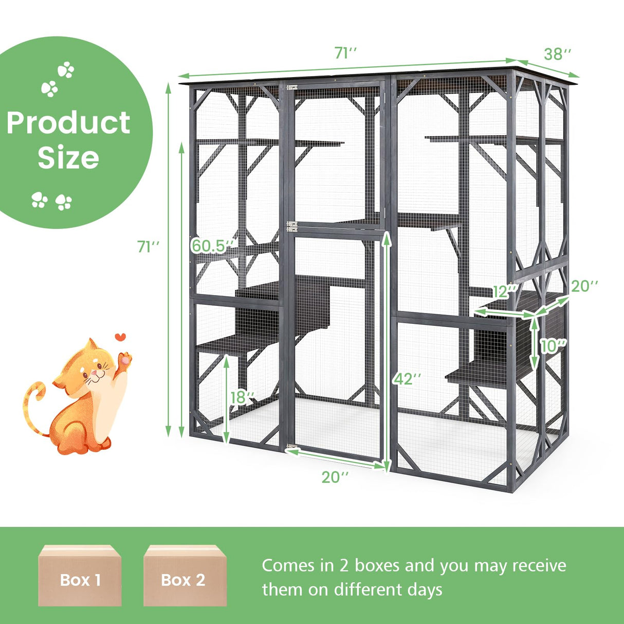 Tangkula Catio Outdoor Cat Enclosure Large, 71 Inch Outdoor Cat House Weatherproof with Asphalt Roof, Wooden Cat Cage Playpen with 7 Jumping Platforms & 2 Resting Boxes, Walk-in Cat Kennel Condo Tangkula