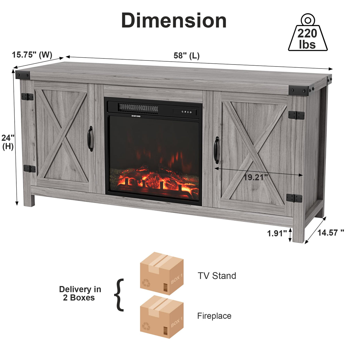 Furmax Fireplace TV Stand for Up to 65 Inches TVs, Farmhouse Entertainment Center with Grooved Barn Doors, Rustic Media Console Table with Storage Cabinets for Living Room (Grey Wash) Furmax
