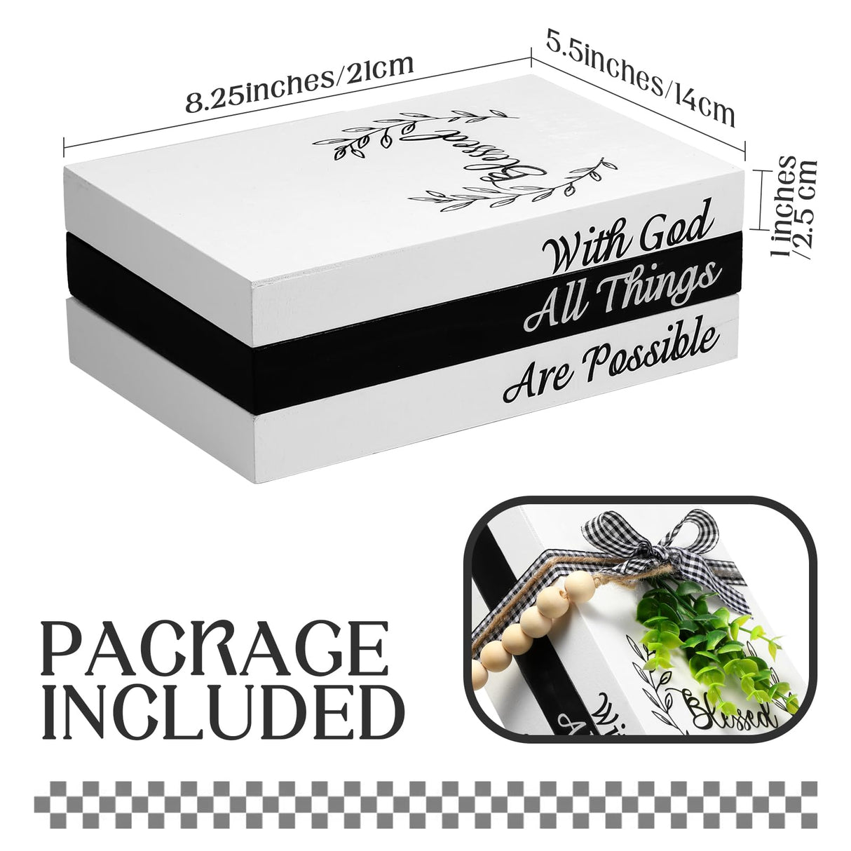 Capoda 3 Pcs Decorative Books for Home Decor Farmhouse Faux Stacked Books Wooden Rustic Decorative Books with Bead Garland Twine Ribbon Faux Leaf for Table(Blessed) Capoda