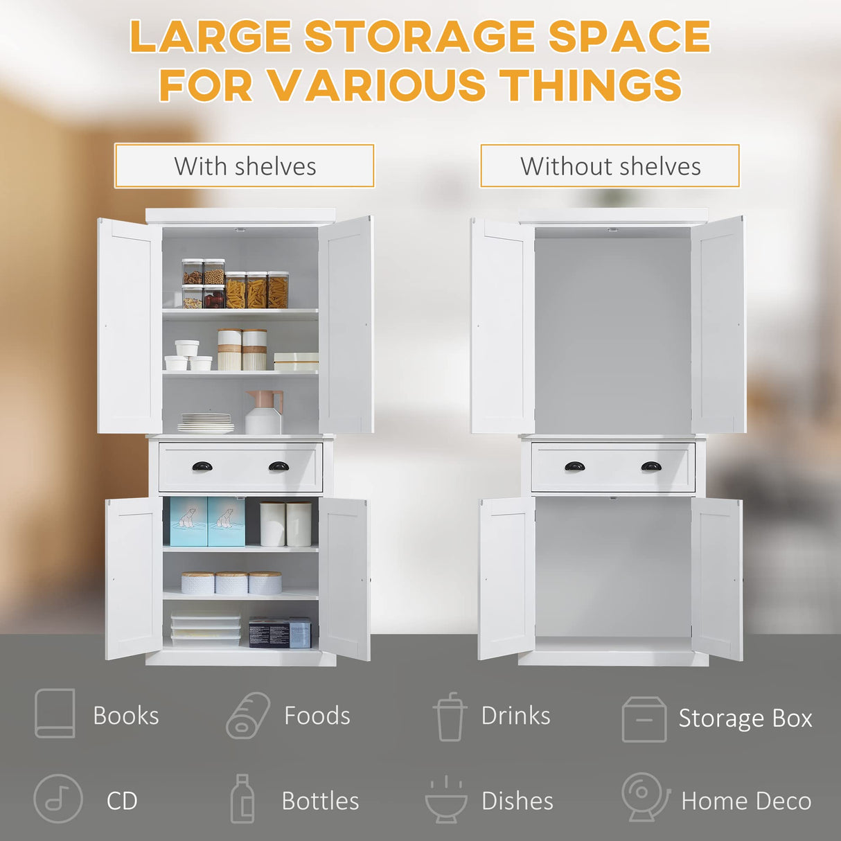 HOMCOM 72.5" Kitchen Pantry Cabinet, Traditional Freestanding Storage Cabinet with 4 Doors, Drawer and 3 Adjustable Shelves for Dining Room, White HOMCOM