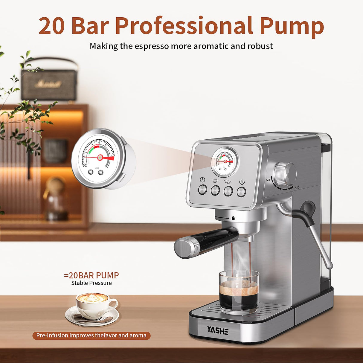 YASHE Espresso Machines 20 Bar, Upgraded 1350W Espresso Maker with Milk Frother Steam Wand and 37.2oz Removable Water Tank, Semi-Automatic Steam Espresso Coffee Maker, Cappuccino Machine for Home YASHE