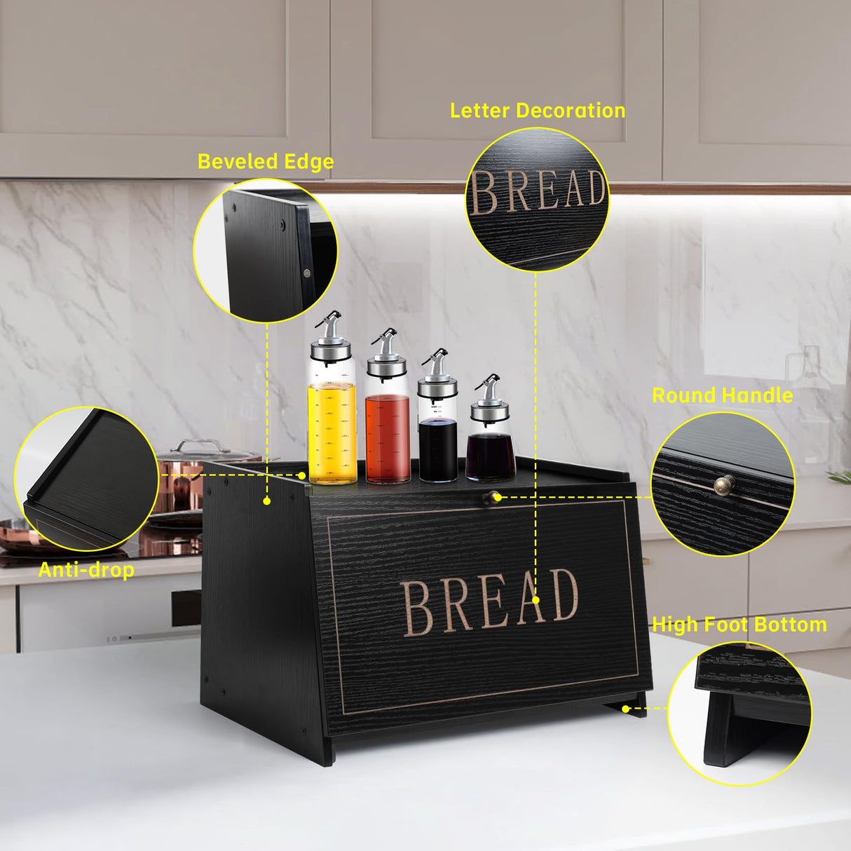 DECOCIAGA Bread Box for Kitchen Countertop, Large Capacity Bread Storage Container for Homemade Bread, Wooden Bread Holder Bread Bin for Kitchen Counter Corner, Cabinet, Pantry, Cupboard (Black) DECOCIAGA