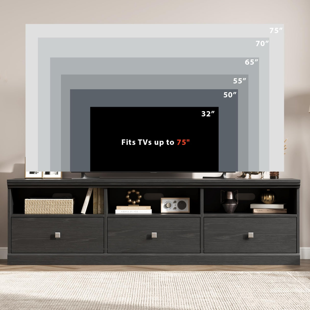 IDEALHOUSE 70in TV Stand for TVs up to 80", Mid Century Modern Entertainment Center with Storage Drawer and Open Shelves, TV Console Media Cabinet for Living Room, Bedroom, Black IDEALHOUSE