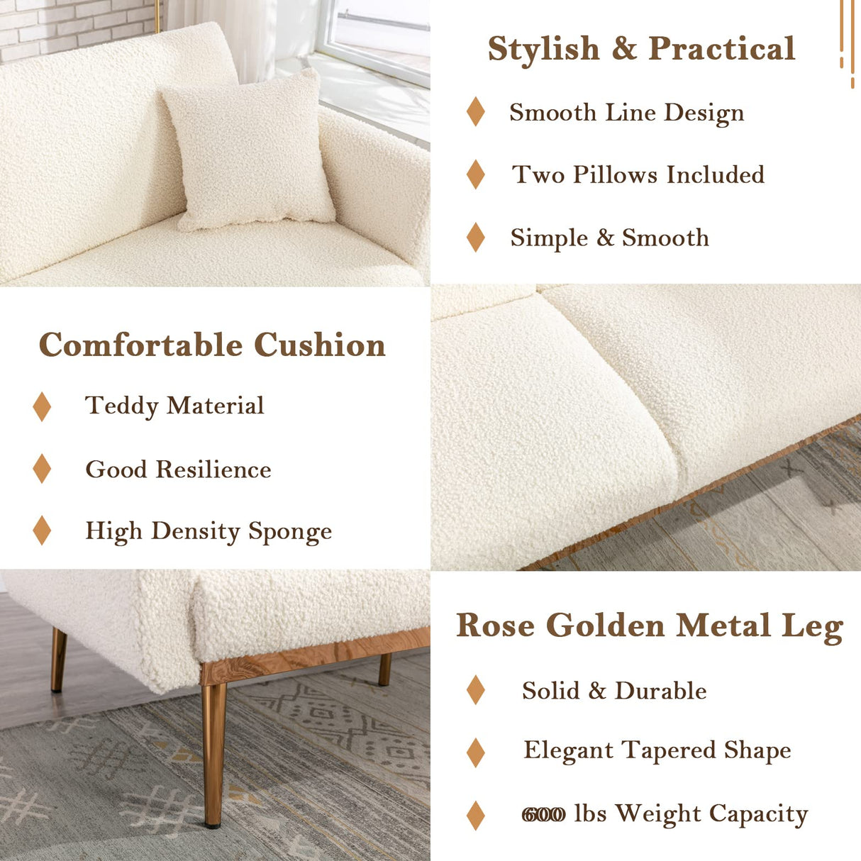 Antetek Futon Sofa Bed with 3 Adjustable Positions, Small Sleeper Sofa Loveseat with 2 Decorative Pillows, Modern Upholstered Convertible Couch with 5 Metal Tapered Legs, Ivory Teddy Antetek