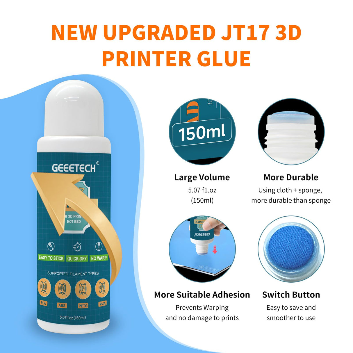 XZN 150ml 3D Printer Adhesive Glue, Perfect First Layer Adhesion, Prevents Warping on Heat Bed, Easy Release for PLA, PETG, ASA, TPU Filaments and Glass, PEI, Aluminum Various Build Plate, 5.07fl oz XZN