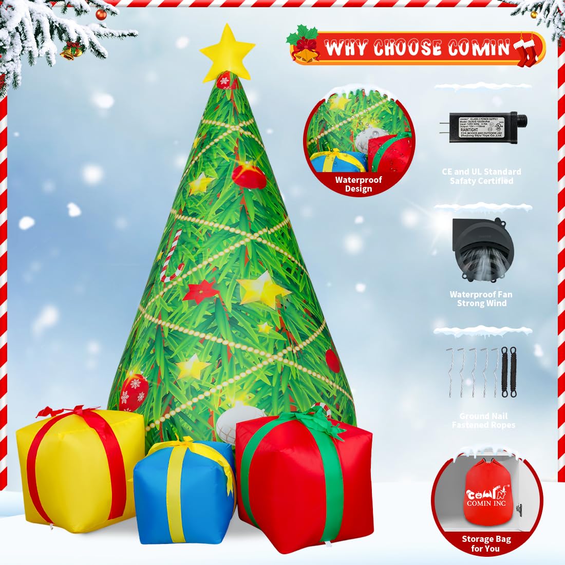 COMIN 7 FT Christmas Inflatables Tree Outdoor Decorations Blow Up Yard 3 Present Boxes with Built-in LEDs for Indoor Party Garden Lawn Decor COMIN