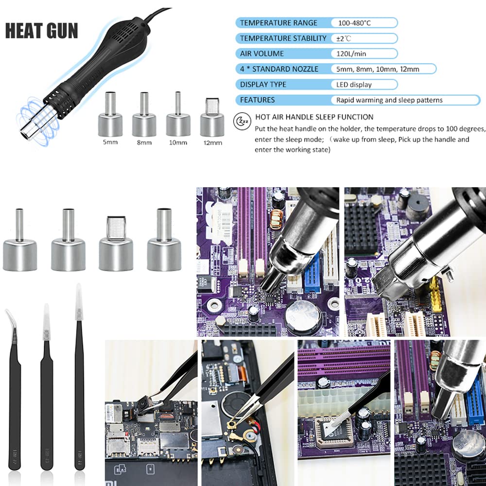MYPOUOS 2 IN 1 750W LED Digital Soldering Station Hot Air Gun Rework Station Electric Soldering Iron For Phone PCB IC SMD BGA Welding SET 110V (8588D SET1) MYPOUOS
