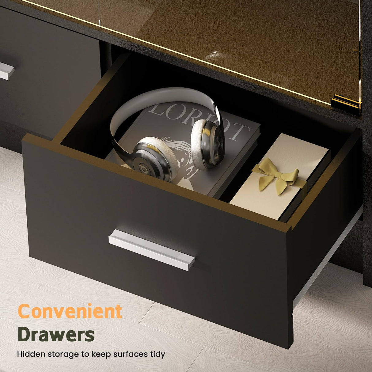 Lamtor Display Cabinet with Glass Doors - 67" Curio Cabinet for Collectibles with RGB LED Lights and 2 Drawers, 4 Tier Glass Display Case for Living Room, Office, Black Lamtor