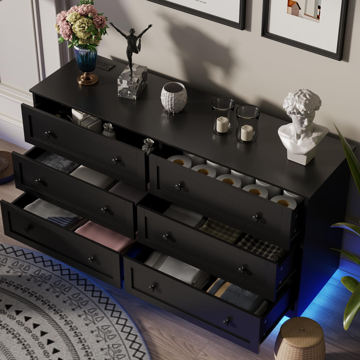 Gyfimoie 6 Drawer Dresser with Power Outlet and LED Light, Modern Floating Storage Dresser for Bedroom, Living Room Gyfimoie