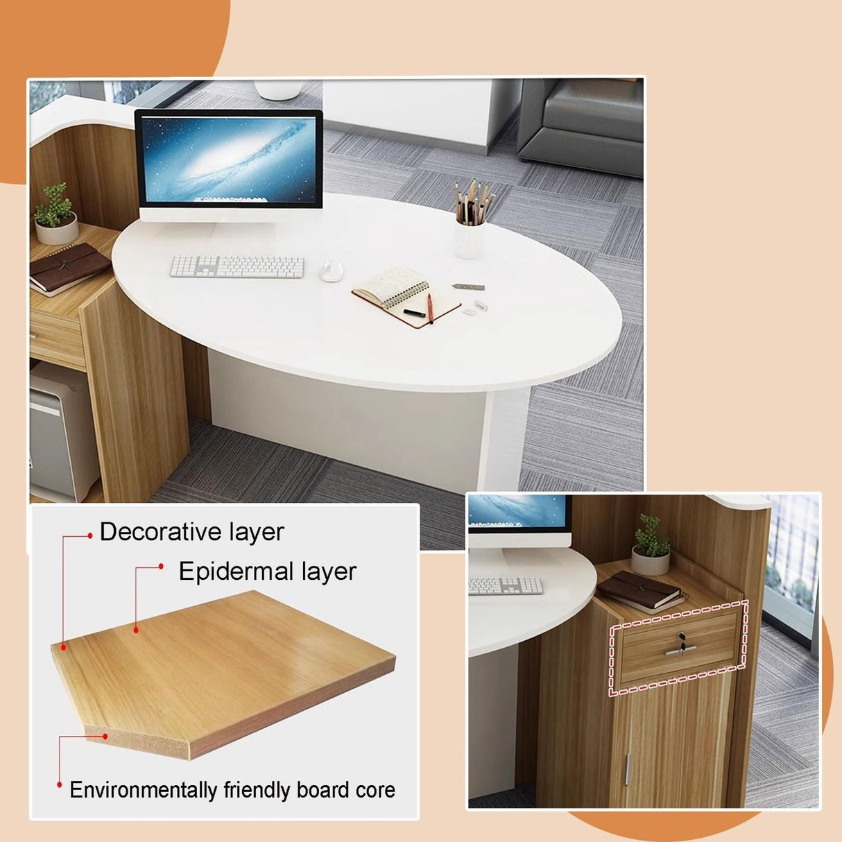 Reception Desk, Wooden Computer Desk Reception Table,Front Counter Desk with Lockable Drawer & Adjustable Shelf, Oval Desktop, Computer Workstation for Salon Lobby Office, Home Office Desk ( Color : B HMDKRQQ