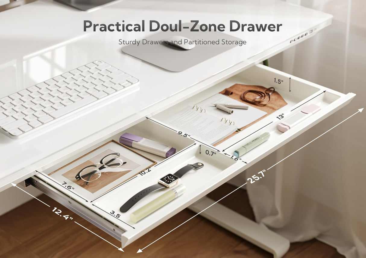 INNOVAR Wireless Charging Glass Standing Desk with Drawers, Adjustable Height Stand Up Desk, Electric Standing Desk with Storage, 55 inch, Super White INNOVAR