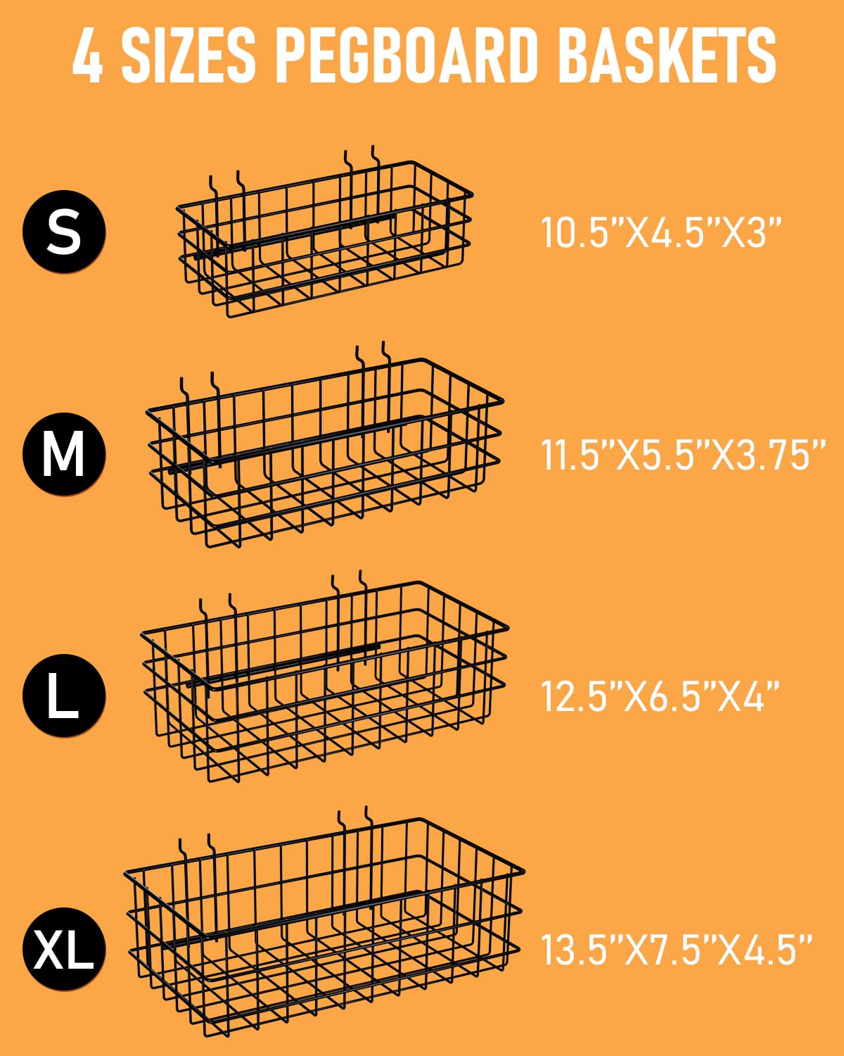 INCLY 4 Pack Pegboard Baskets Bins Set, 4 Size Square Style Black Metal Wire Basket for Any Peg Board Organizing Tools, Pegboard Accessories for Workbench Garage Wall Storage Attachments INCLY