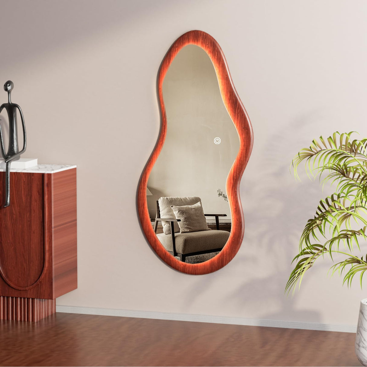 osemy 48"x 24" LED Wood Full Length Mirror with Lights Irregular Wavy Full Body Mirror Shatter-Proof Hanging/Leaning Wall Mounted Walnut Wooden Framed Mirror for Dressing Bedroom Living Room osemy