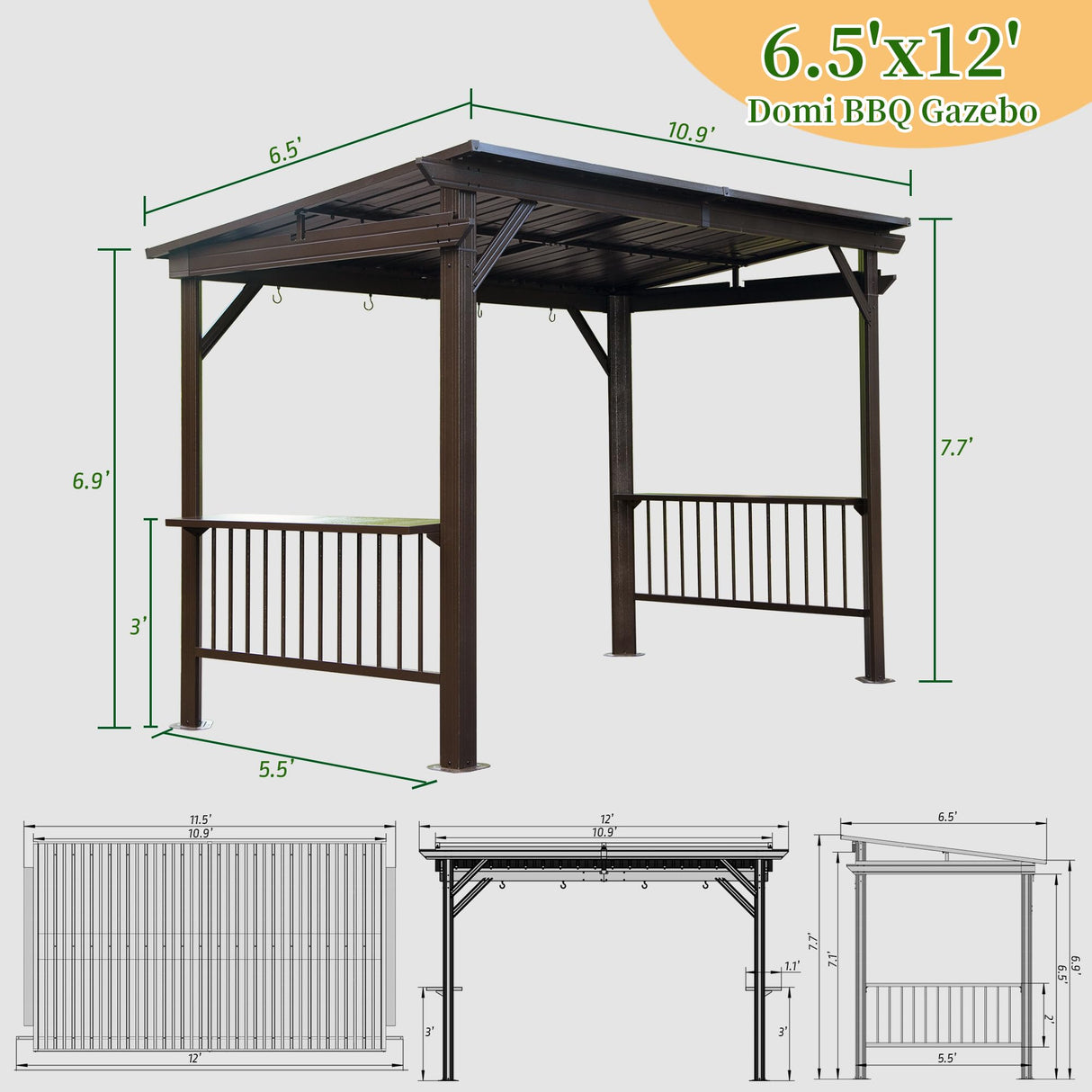 Domi 6.5x12FT Hardtop Grill Gazebo, Outdoor BBQ Gazebo with 2 Side Shelves and Sloping Galvanized Steel Roof, Metal Permanent Grill Canopy with Ceiling Hooks for Patio, Lawn, Backyard, Deck, Brown domi outdoor living