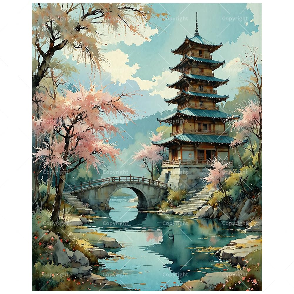 Cherry Blossom Pagoda Paint by Numbers Kit for Adults - DIY Chinese Garden and Bridge Scene Painting on Canvas 16x20 Inches, Acrylic Paint Set, Suitable for Beginners, Oriental Art for Home Decoration TAOPAOLAB