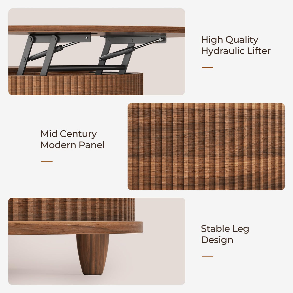 Round Lift Top Coffee Table, 34.6" Modern Coffee Table with 180° Curved Sliding Door, Fluted Accent Coffee Tables with Hidden Storage and Open Shelves, for Living Room, Office, Walnut Sikaic